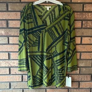 Dana Buchman Green Black Geometric Layered Top 3/4 Sleeve L